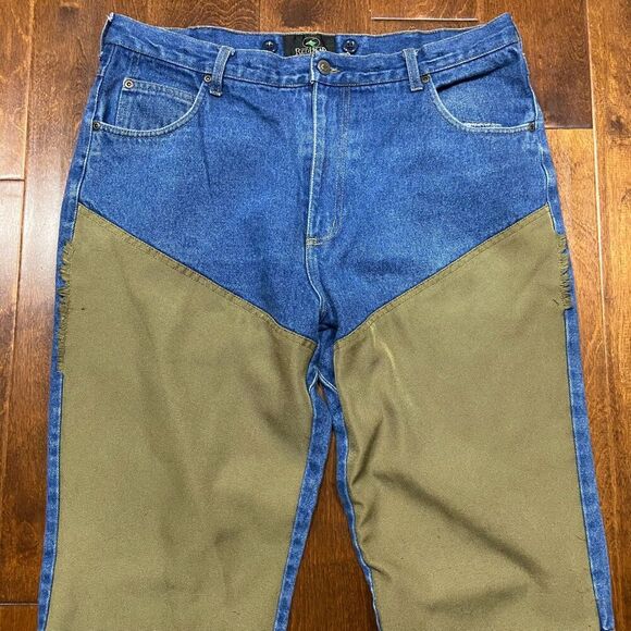 Redhead Vintage Outdoors Hunting Denim Blue Jeans With Tan Chaps Men's 36 x 32 - Picture 3 of 10